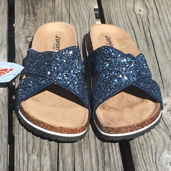 Navy Glitter Metallic Cork Slide Sandals! NEW! - Picture 2 of 9