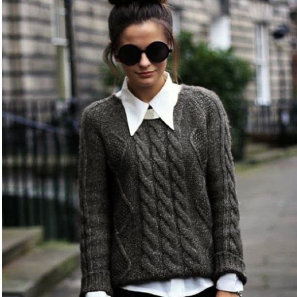 Gray/Brown Cable-Knit Sweater