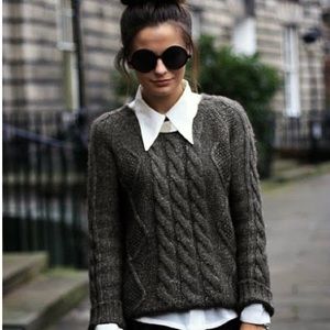 Gray/Brown Cable-Knit Sweater