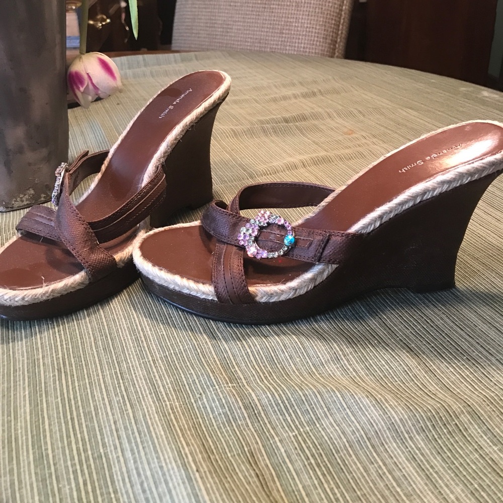4 inch leather upper wedge sandal with gemstones