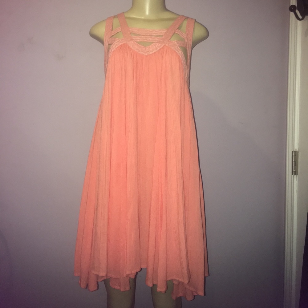 Salmon Pink Caged Neck Boho Dress / Mini Loose