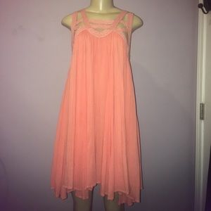 Salmon Pink Caged Neck Boho Dress / Mini Loose