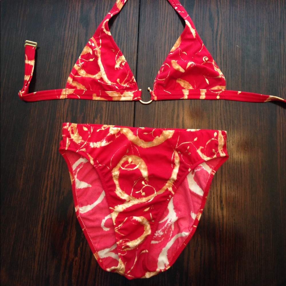 Venus brand bikini swimsuit. Red with gold accent.