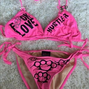 Hustler bikini pink and yellow Asian look english letters