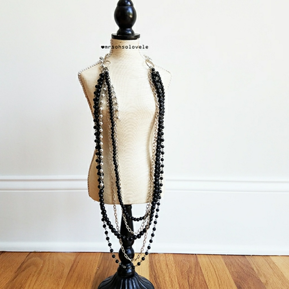 Mixed strands long faux pearls and beads necklace