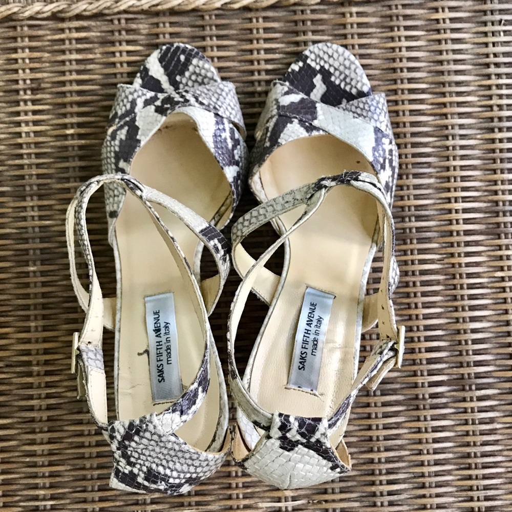 Stunning! Saks Snake skin Ankle wrap wedges , 10
