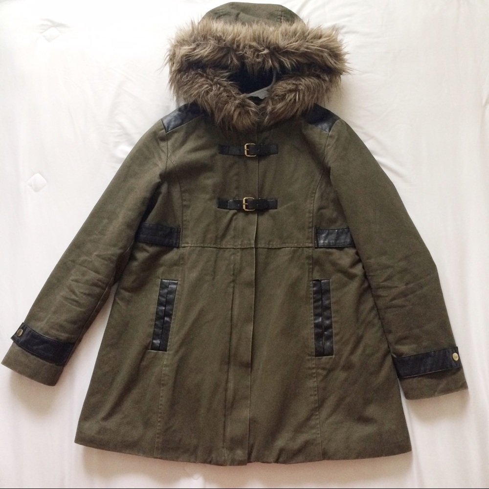 Olive Parka Coat Removable Fur Hood