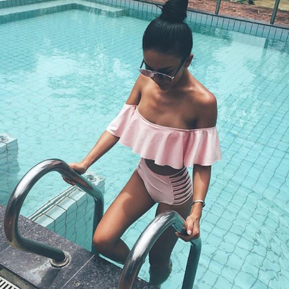Ruffle off shoulder high waist two pieces bikini