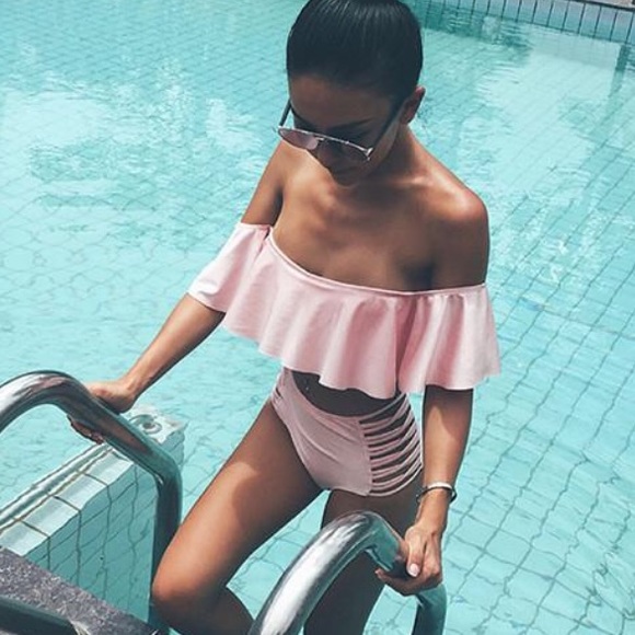 Ruffle off shoulder high waist two pieces bikini - Picture 3 of 5