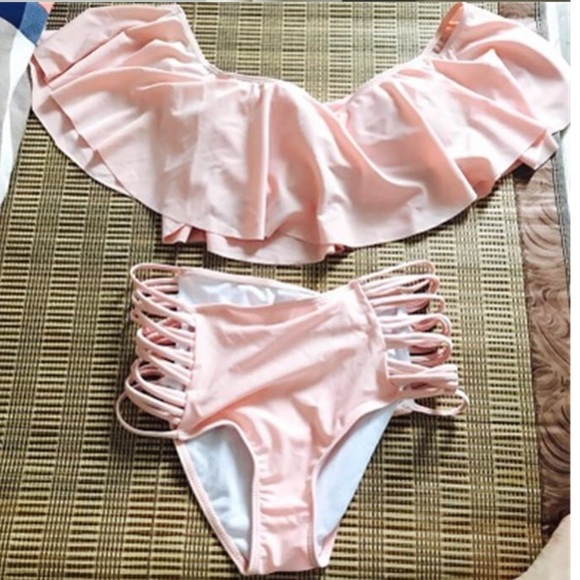 Ruffle off shoulder high waist two pieces bikini - Picture 4 of 5
