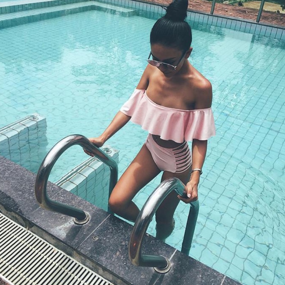 Ruffle off shoulder high waist two pieces bikini