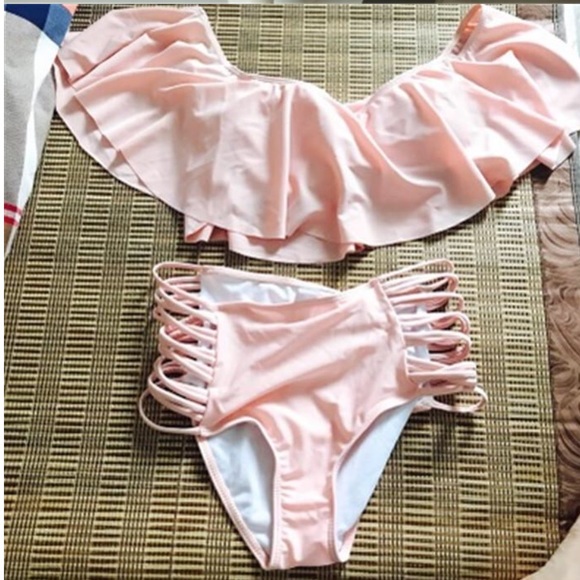 Ruffle off shoulder high waist two pieces bikini - Picture 2 of 5