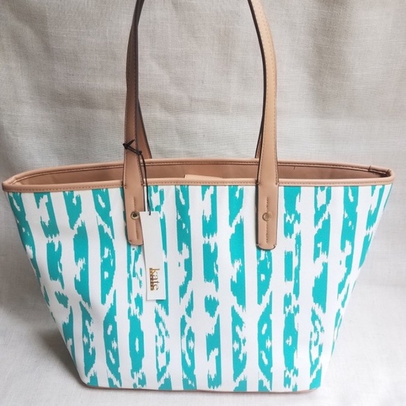 Kate Landry Turquoise White Striped Tote - Picture 2 of 6
