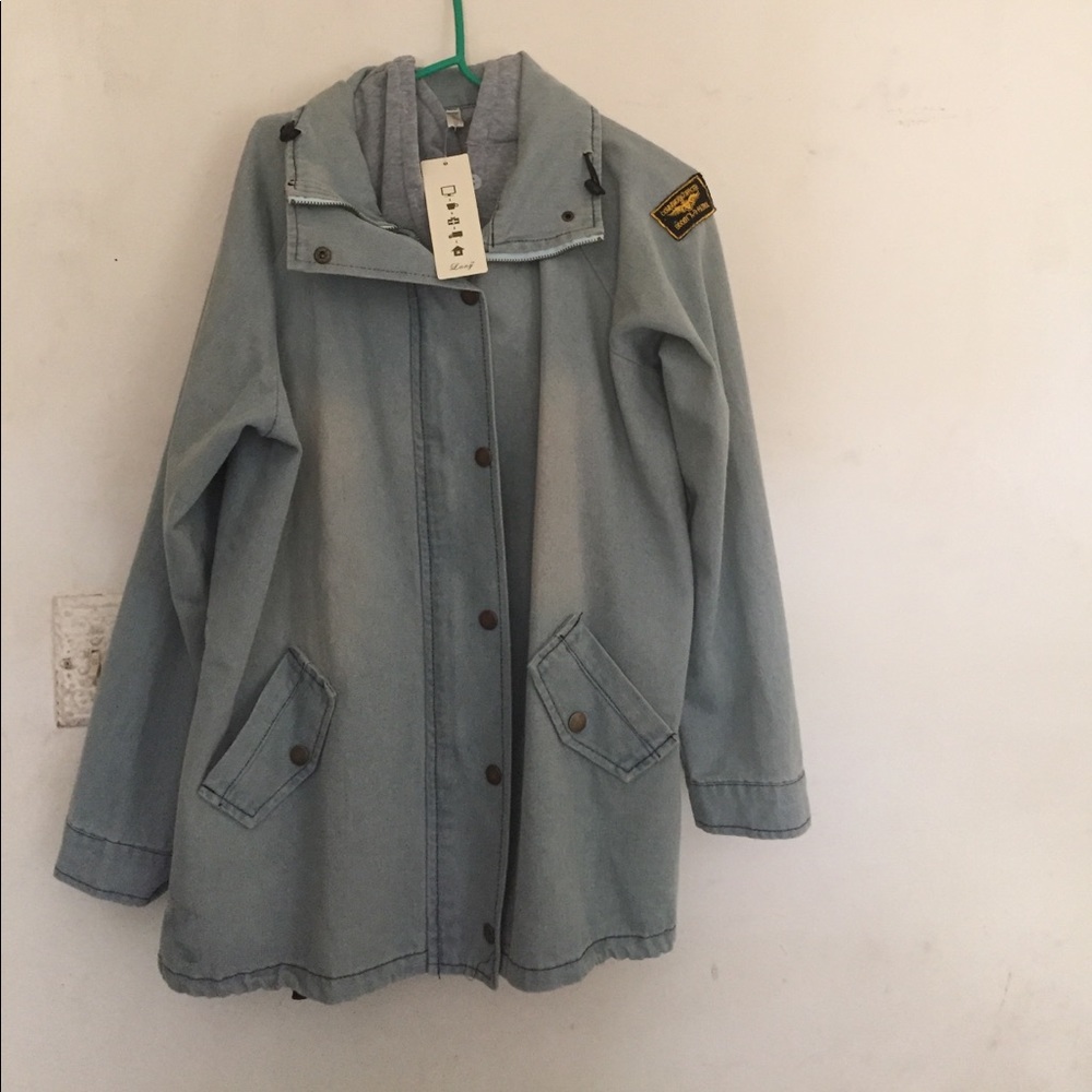 Plus size jean jacket with detachable hoodie