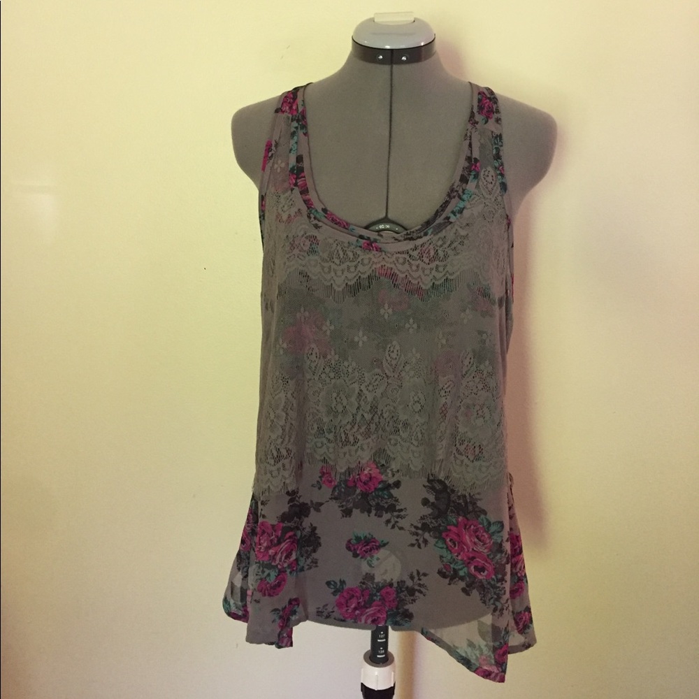 No Boundaries racerback lace detail floral blouse