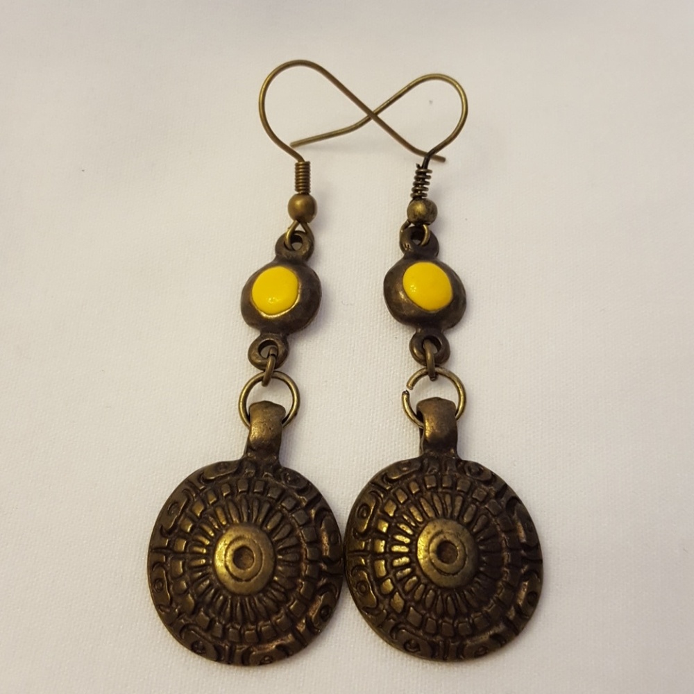 Antique looking metal and yellow drop earrings