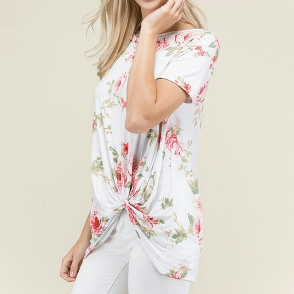 Ivory Floral Twisted Knot Top - Picture 2 of 3