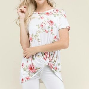 Ivory Floral Twisted Knot Top