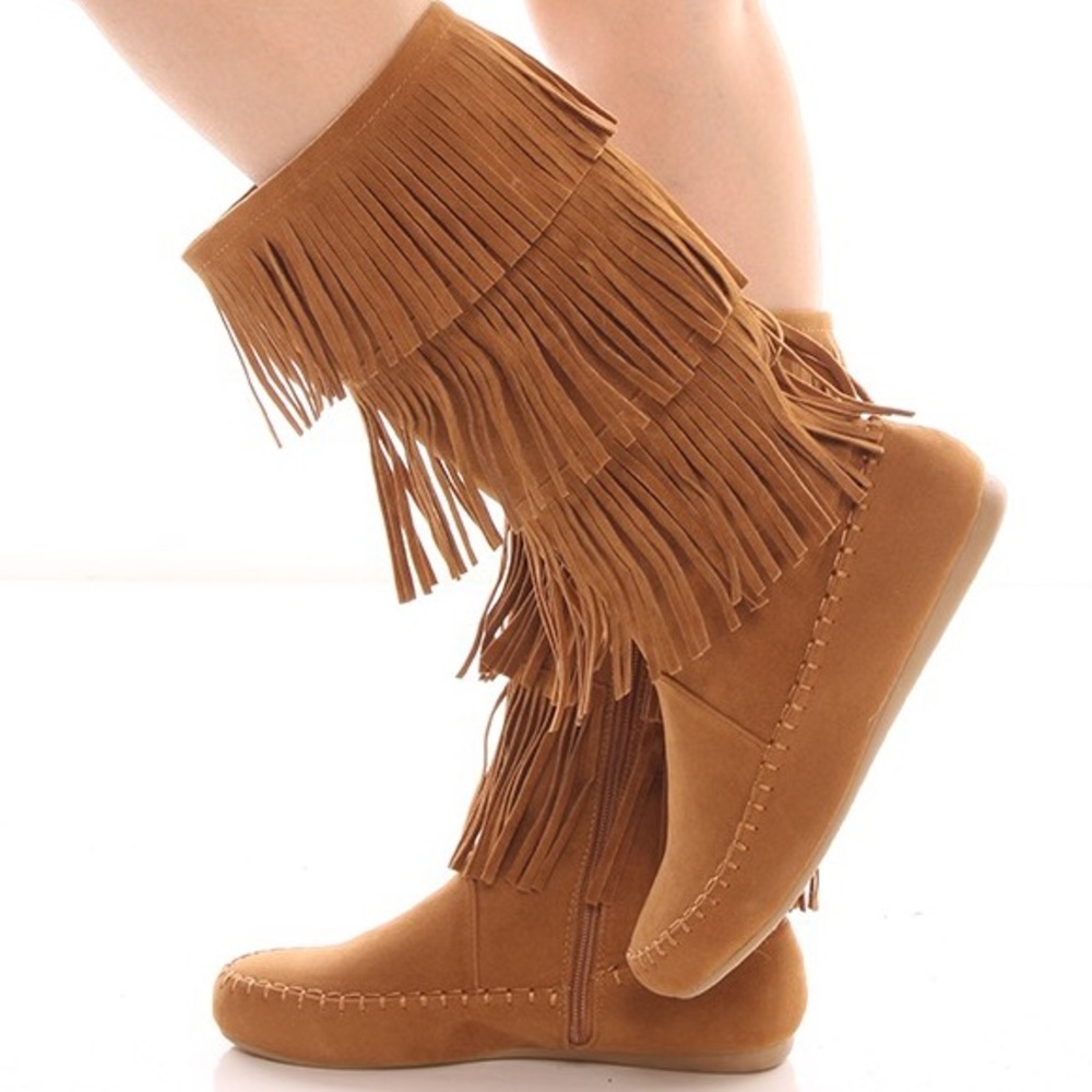 Tan Moccasin Style Fringe Boots