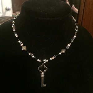 Silver & Black Beaded Key Necklace & Bracelet