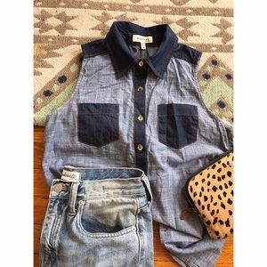 Two-Tone Sleeveless Chambray Button-Up