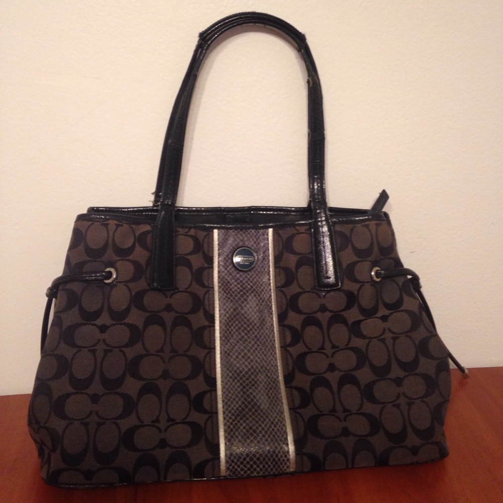 Black Coach Purse with gray snakeskin stripe