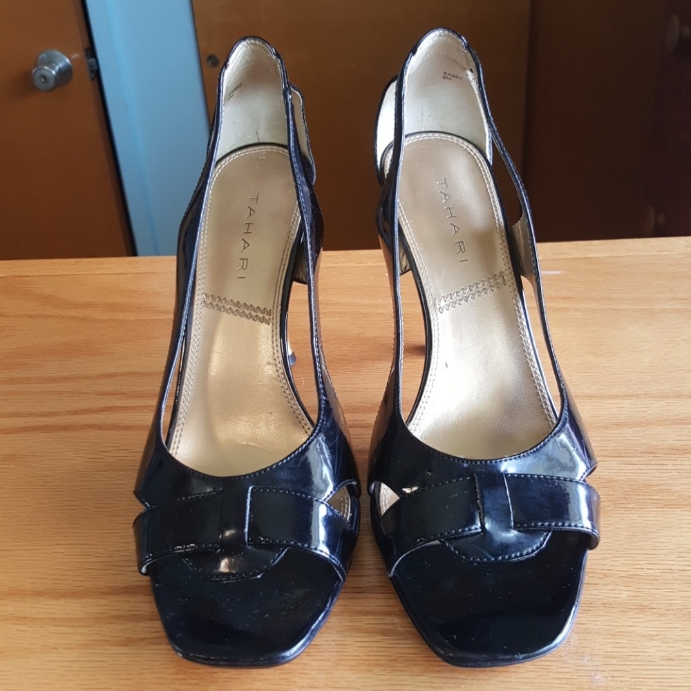 Black Tahari Rabbit peep toe pumps