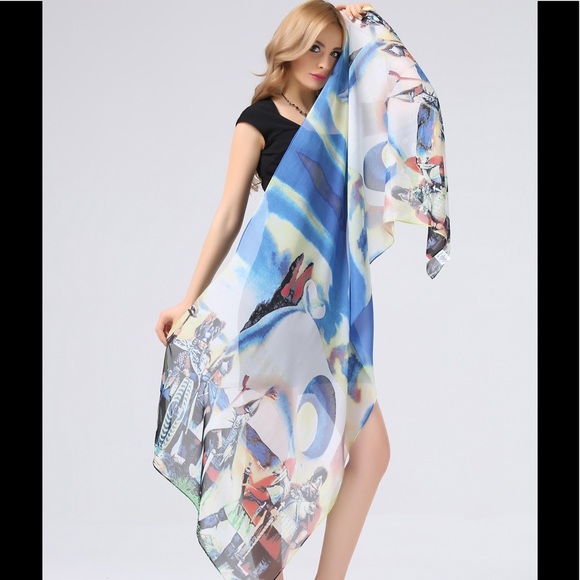 101 Silk Blue and White colorful Scarf - Picture 2 of 2