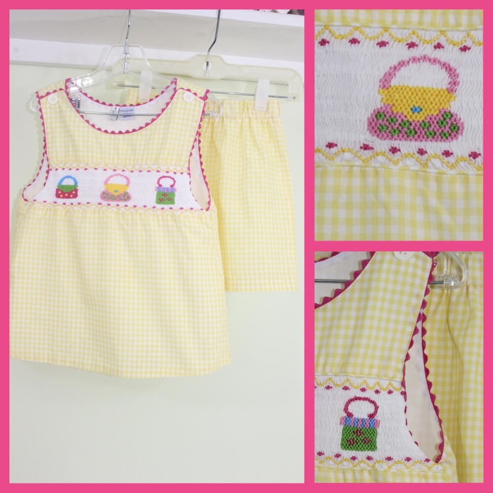 Pollilops Smocked Yellow Check Shorts Set Like New