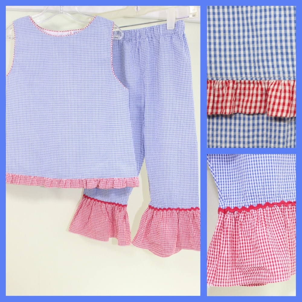 Pollilops Blue & Red Check Seersucker Set Like New