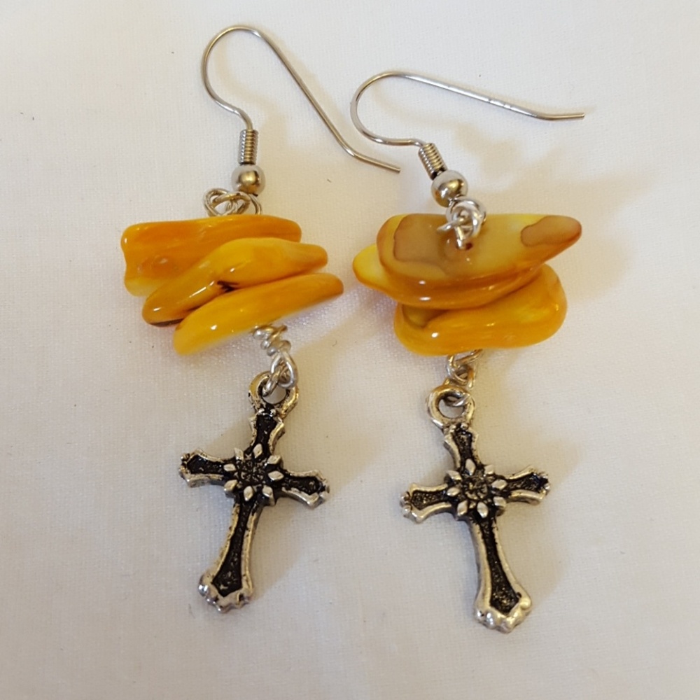 Yellow bead and cross to drop earrings