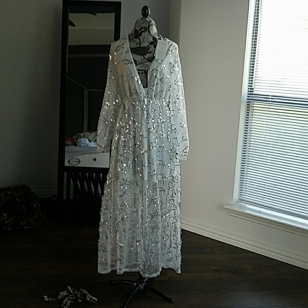 White and silver sequin maxi wrap dress
