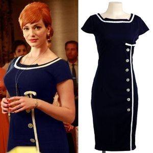 Navy Blue Mad Men Style Pencil Dress