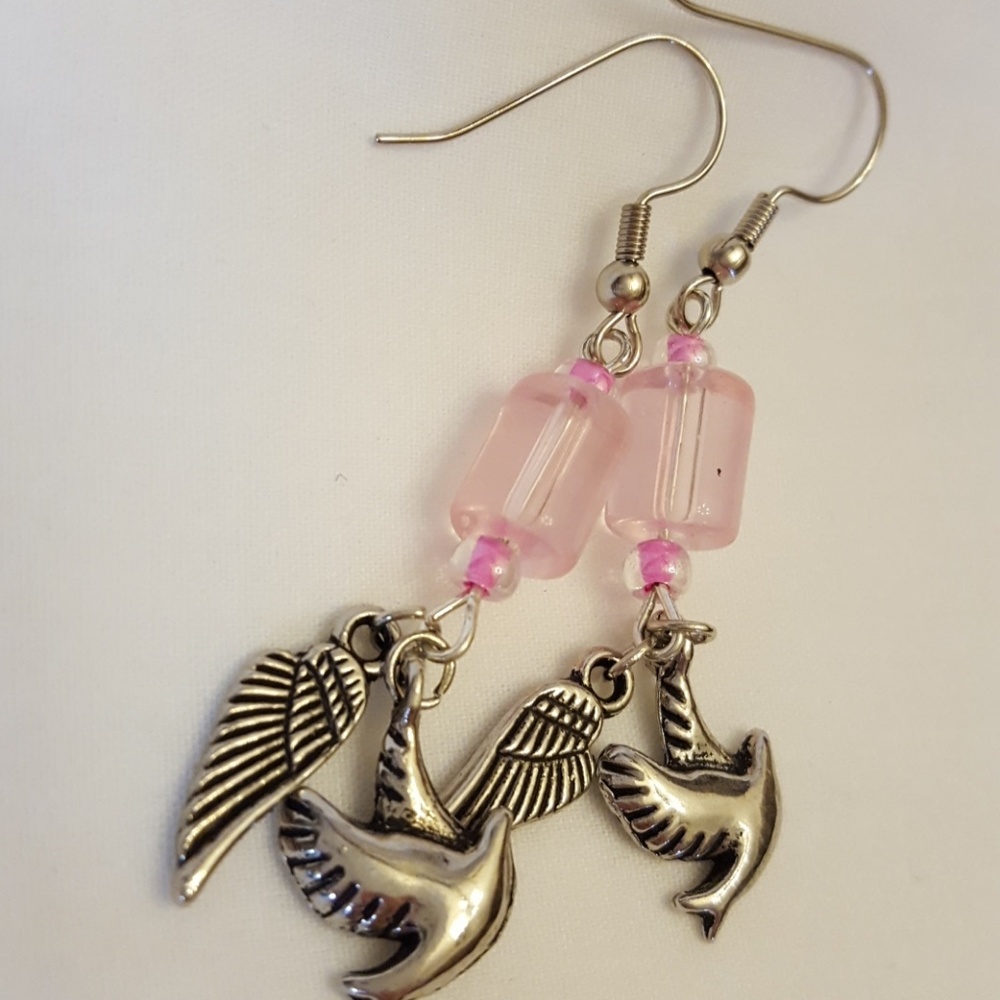 Pink Dove and wings drop earring