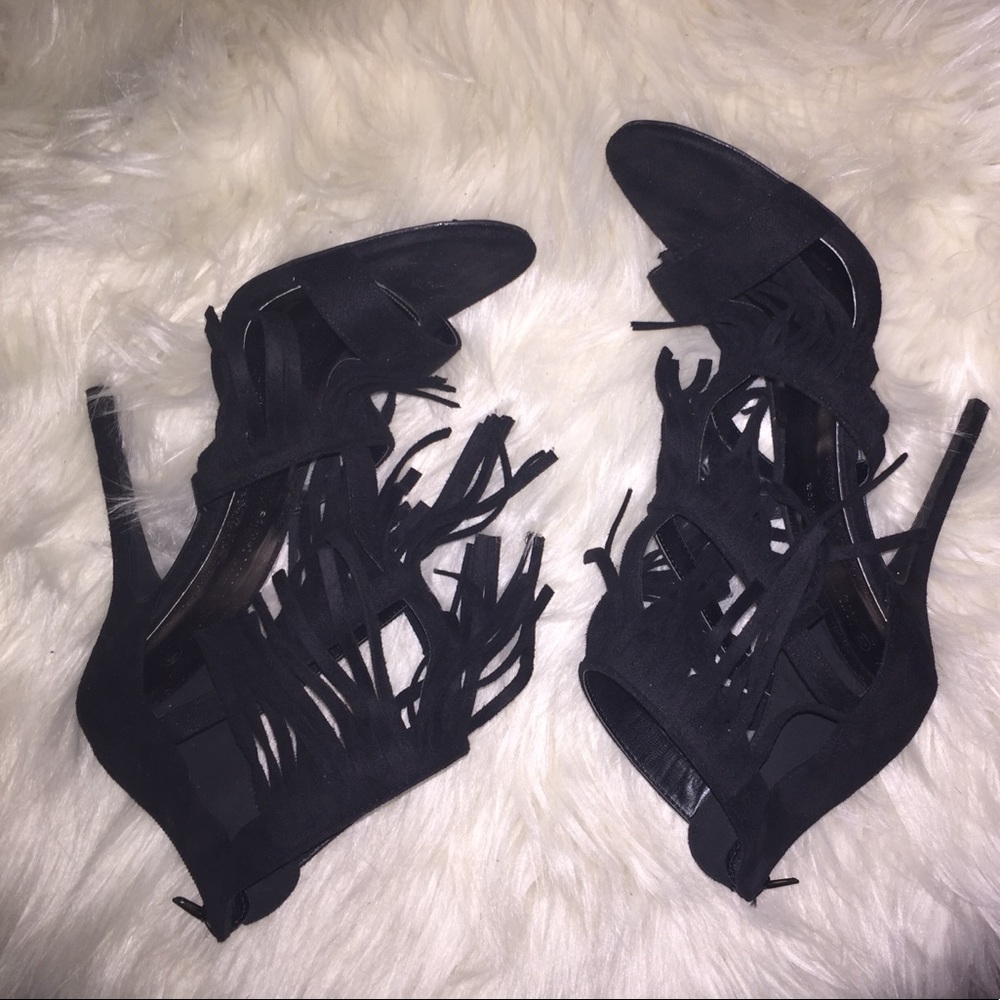Fringe open toe heels