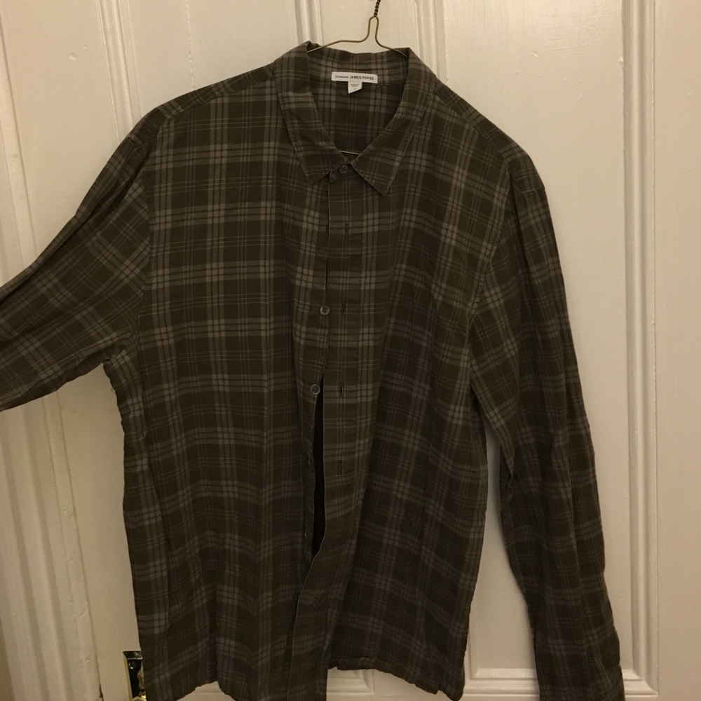 James Perse standard shirt. Green/Tan plaid size2