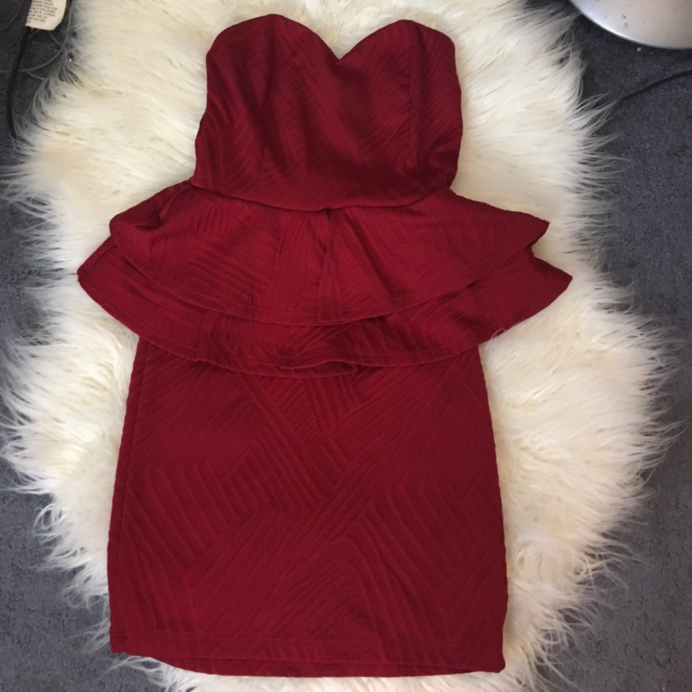 Wine red strapless peplum mini dress