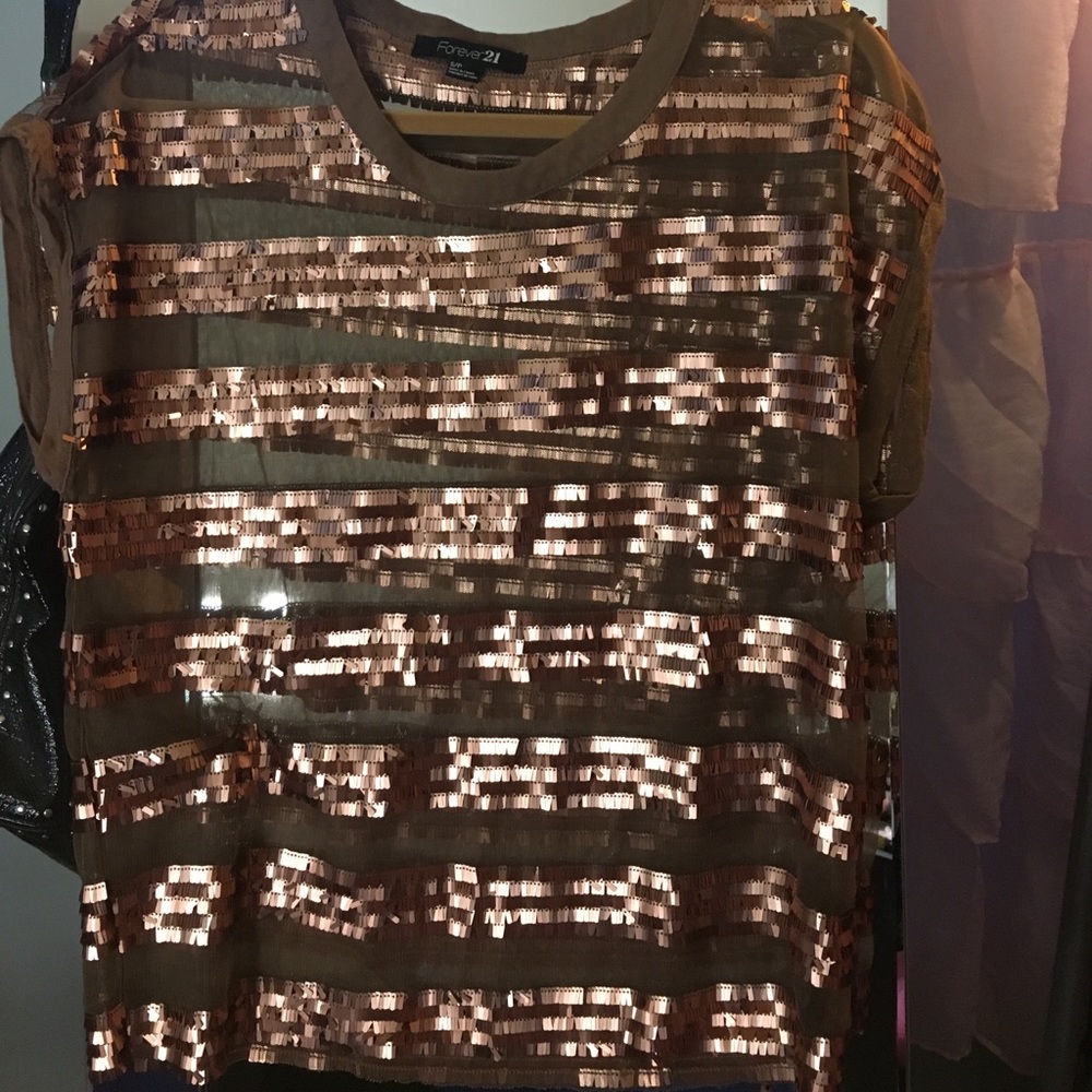Bronze/brown half see through half sequin top