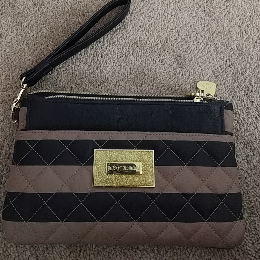Betsey Johnson tan and black wristlet or clutch