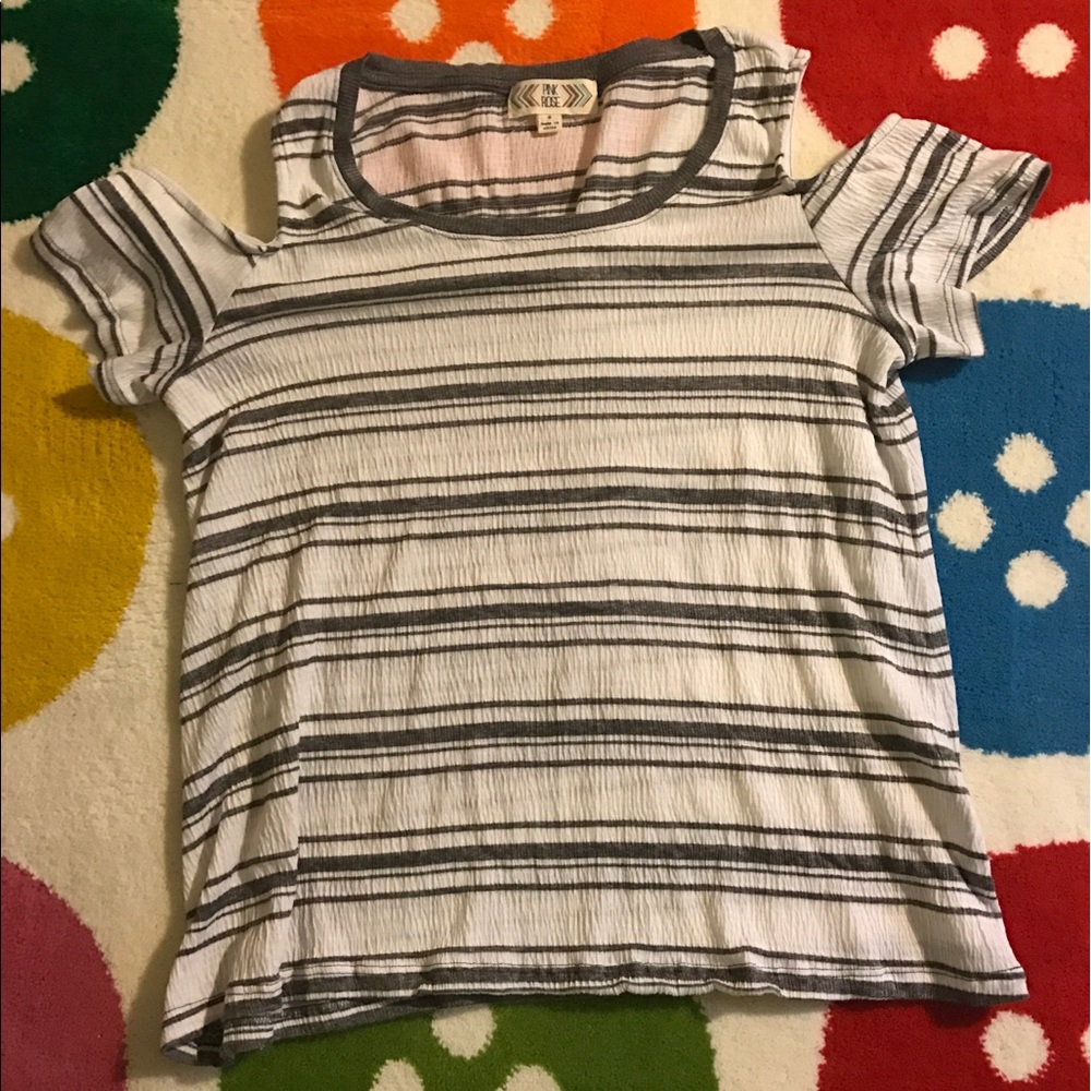 Pink Rose cold shoulder gray stripe top