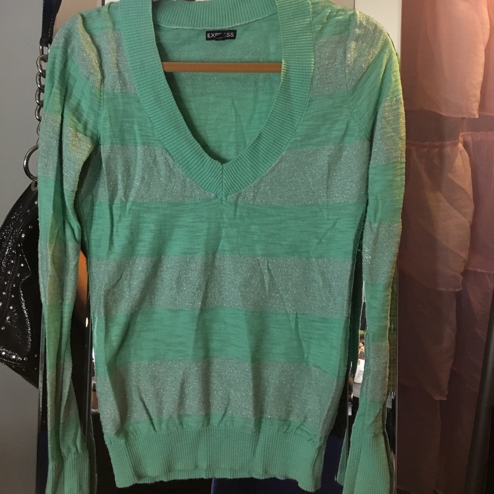 Mint green striped v neck sweater