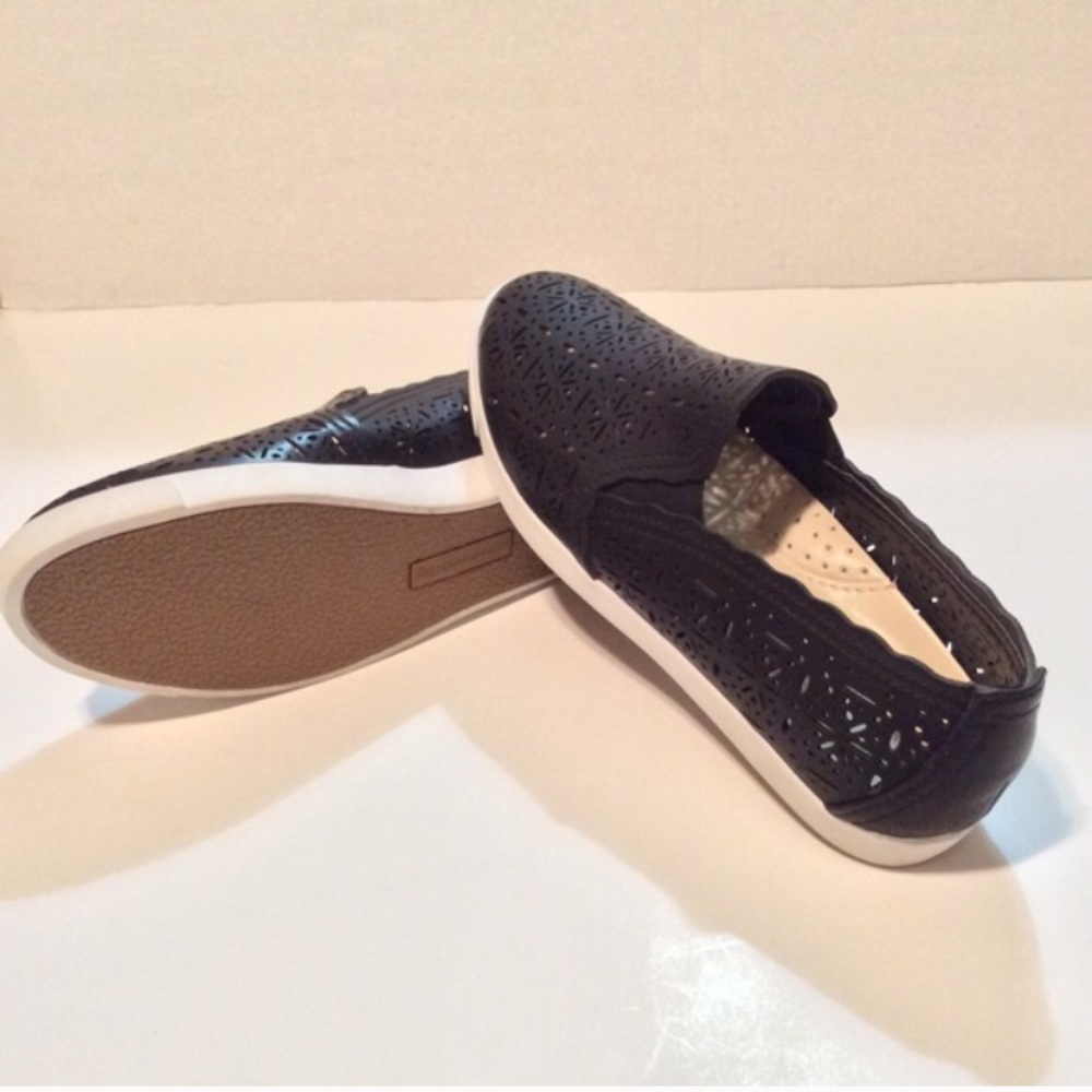 Laser cut Black Leather Slip Ons