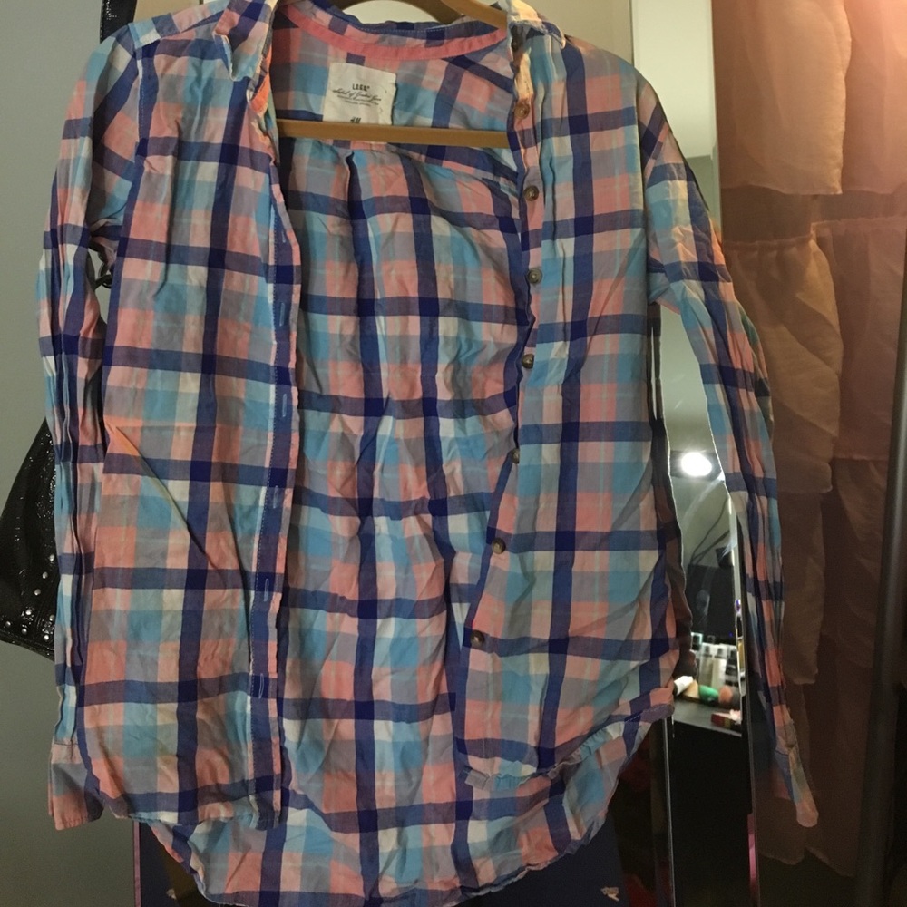Pink & blue button up flannel