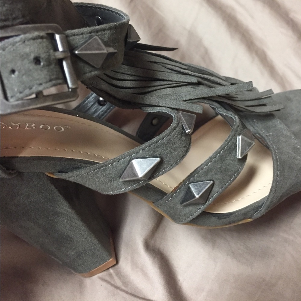 Faux suede fringe and studded heels