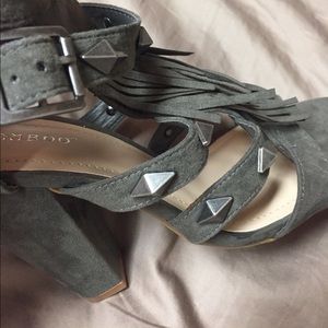 Faux suede fringe and studded heels