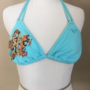Roxy Teal Bathing Suit Top with Embroiderer Flower
