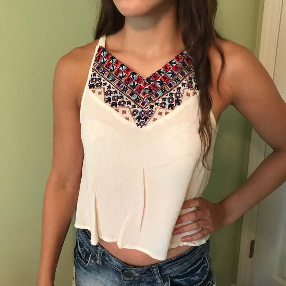 Flowy Top with Tribal Embroidered Collar Size S
