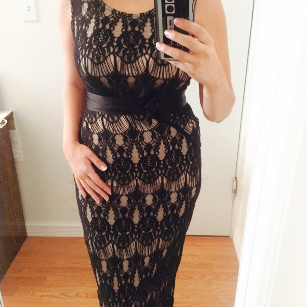 Champagne and black lace gown