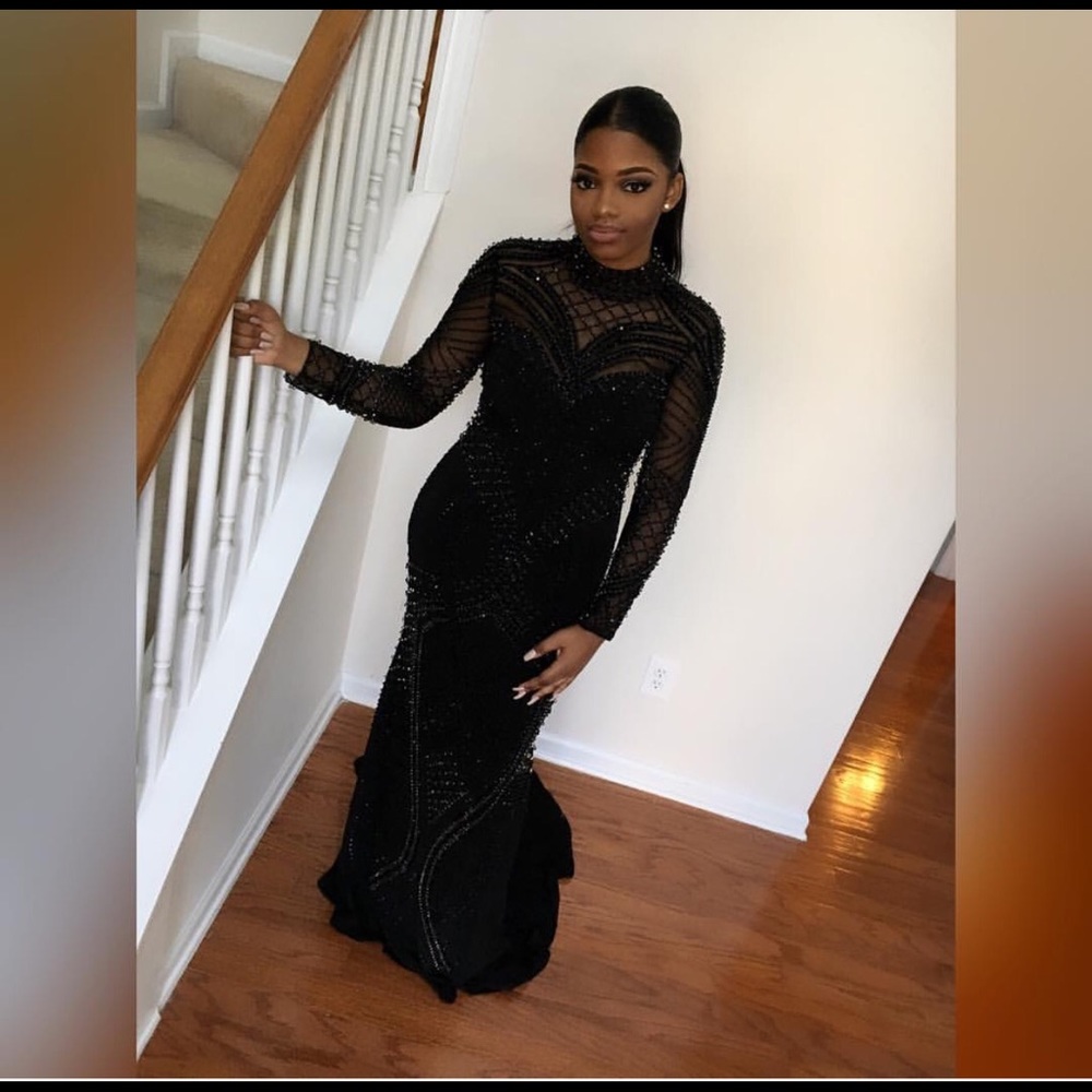 Black On Black Long Sleeve Beaded Prom Dress