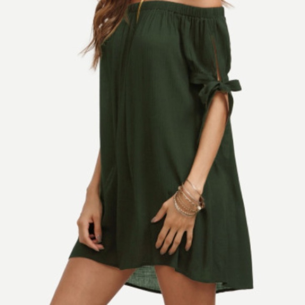 FINAL SALE off the shoulder dress deep green FIRM - Picture 3 of 4